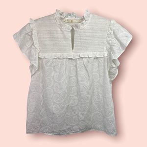 Marie Oliver Women’s White Smocked Ruffle High Neck Paisley Embroidered Blouse S